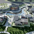 Modern Commercial Street With Modern Architecture Waterfront Lotus Pond And Stone Bridge