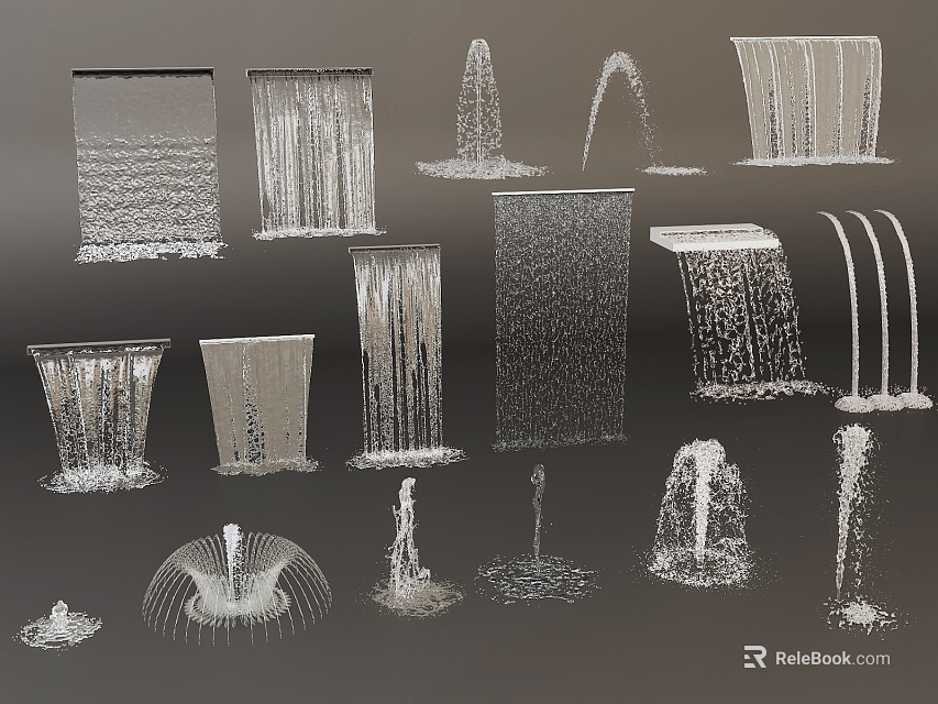 Water Fountains with Various Styles and Forms Including Columnar Curtain Arc and Waterfall Shapes 3d model 
