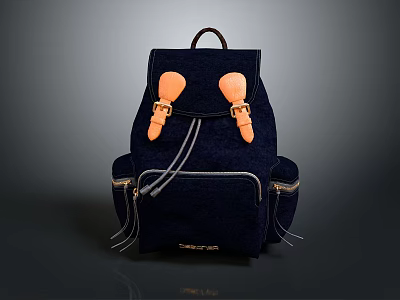 Balenciaga Navy Blue Velvet Backpack With Orange Decorative Buckles And Zipper Pockets 3d model