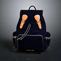 Balenciaga Navy Blue Velvet Backpack With Orange Decorative Buckles And Zipper Pockets