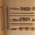 Brass Cabinet Handles in Wooden Display with Bar Round Hexagonal Styles