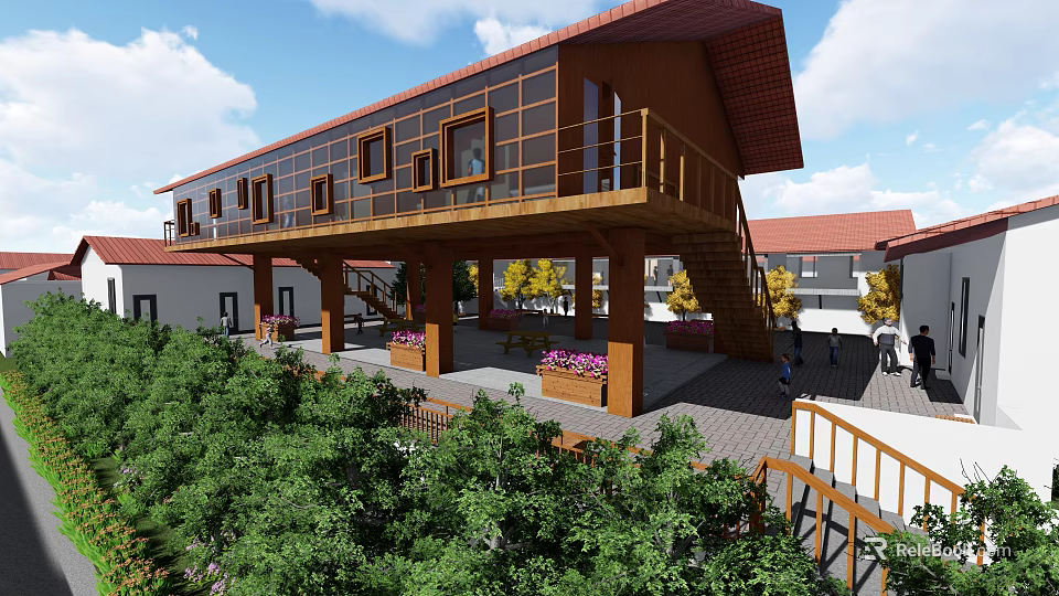Two Story School Building With Red Roof Wooden Balcony Green Plants And Flower Pots 3d model 