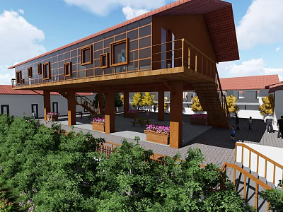 Two Story School Building With Red Roof Wooden Balcony Green Plants And Flower Pots 3d model