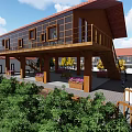 Two Story School Building With Red Roof Wooden Balcony Green Plants And Flower Pots