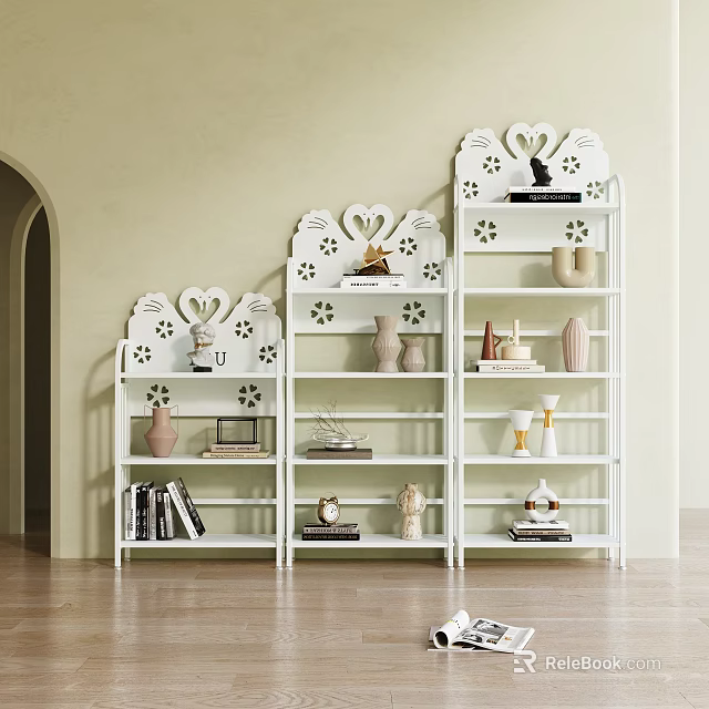 Elegant White Bookshelves With Ornate Design Decorative Vases Sculptures And Books 3d model 