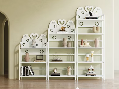 Elegant White Bookshelves With Ornate Design Decorative Vases Sculptures And Books 3d model