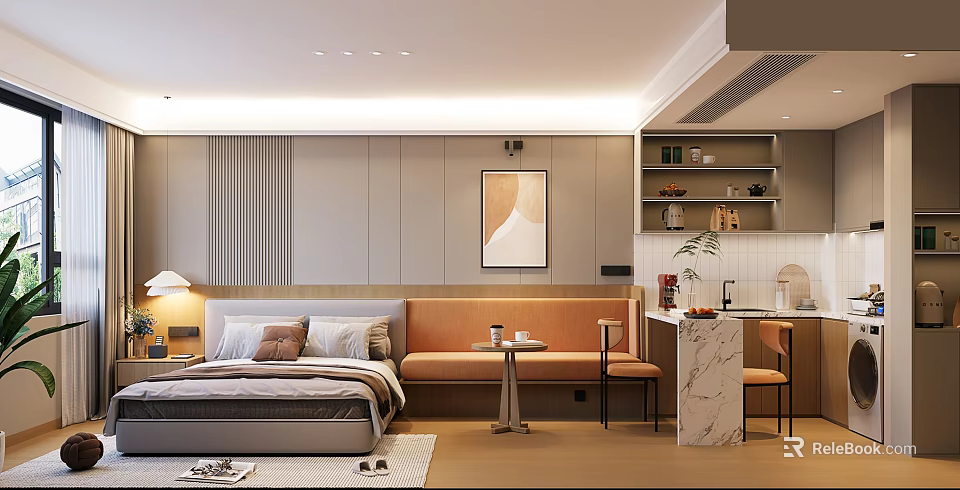 Elegant Modern Hotel Room Interior With Bed Bench Decorative Painting Marble Countertop And Cabinets 3d model 