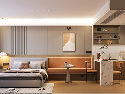 Elegant Modern Hotel Room Interior With Bed Bench Decorative Painting Marble Countertop And Cabinets 3d model