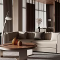 Modern Hotel Public Lounge Area With Beige Sofa Round Wooden Coffee Table And Large Windows