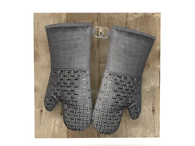 Gray Oven Mitts With Geometric Pattern On Wooden Background For Kitchen Use 3d model