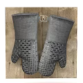 Gray Oven Mitts With Geometric Pattern On Wooden Background For Kitchen Use