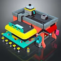 Colorful Multi Level 3D Building Model In Cartoon Style With Yellow Blue Awnings And Stools