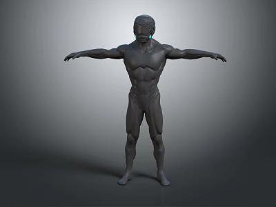 Game Movie Character 3D Model With Muscular Build Bald Head And Glowing Blue Facial Features 3d model