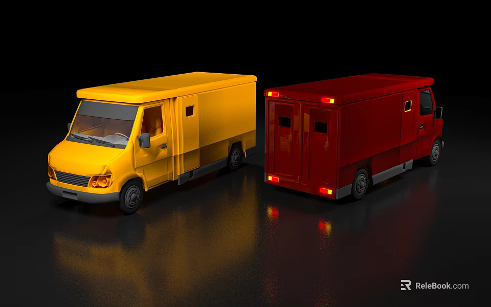 Yellow and Red Cargo Vans Parked on Shiny Black Reflective Surface 3d model 