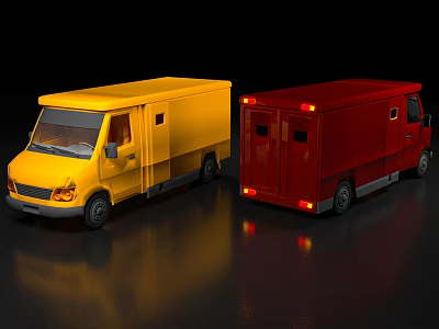 Yellow and Red Cargo Vans Parked on Shiny Black Reflective Surface 3d model