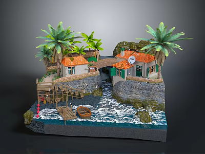 Waterfront Houses With Orange Roofs Palm Trees Wooden Bridge Dock Small Boat And Waves 3d model