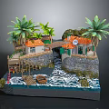 Waterfront Houses With Orange Roofs Palm Trees Wooden Bridge Dock Small Boat And Waves