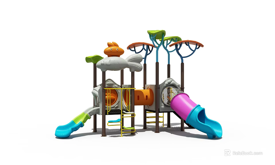 Kindergarten Playground With Colorful Slides Climbing Frames And Tree Like Decorations 3d model 