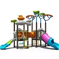 Kindergarten Playground With Colorful Slides Climbing Frames And Tree Like Decorations