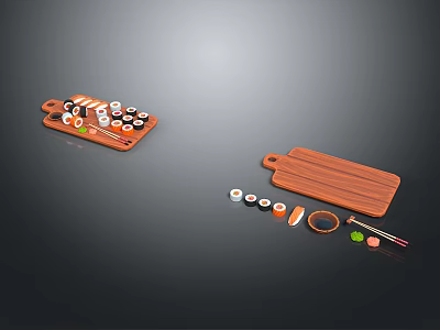 Fresh Sushi Platter On Wooden Board With Chopsticks And Condiments 3d model