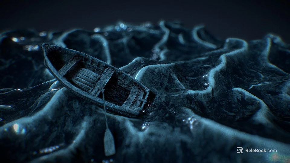 Vintage Wooden Boat Floating On Blue Wavy Water Surface With Oar 3d model 