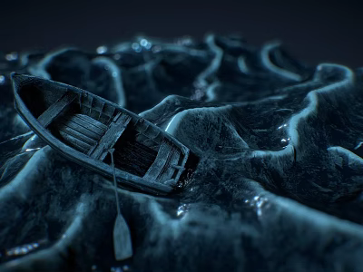 Vintage Wooden Boat Floating On Blue Wavy Water Surface With Oar 3d model