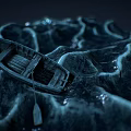 Vintage Wooden Boat Floating On Blue Wavy Water Surface With Oar