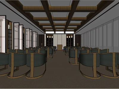 Spacious Conference Room Interior With Wooden Ceiling And Arranged Chairs Layout 3d model