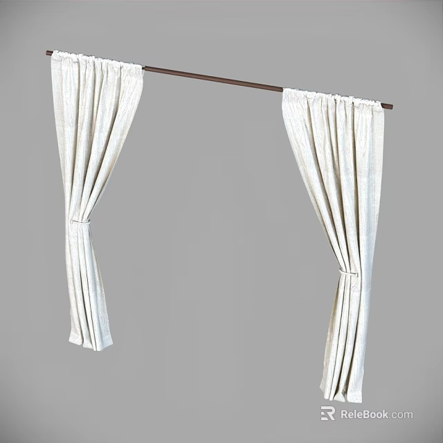 White Curtains on Brown Rod Gracefully Hanging on Both Sides with Elegant Pleated Details 3d model 