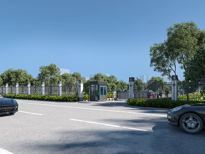 Entrance Gate With Security Booth Green Trees And Cars On Road Under Blue Sky 3d model
