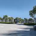 Entrance Gate With Security Booth Green Trees And Cars On Road Under Blue Sky