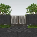 Modern Entrance Gate With Metal Slatted Design Black Stone Walls Green Plants Checkerboard Pathway