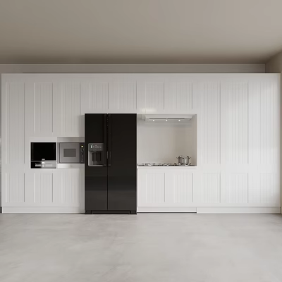 Modern Kitchen Interior With White Sideboard Black Refrigerator And Built in Appliances 3d model