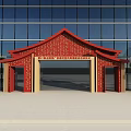 Red Chinese Style Event Gateway Front Of Modern Glass Facade Building With Pine Tree Pots