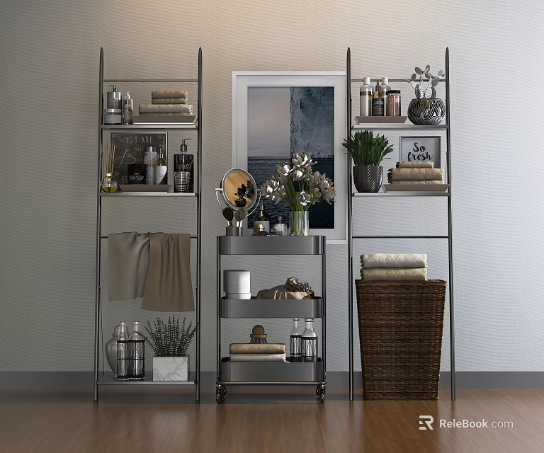 Stylish Bathroom Accessories Organized on Shelves With Towels Toiletries Plants and Basket 3d model 