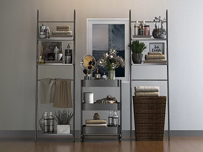 Stylish Bathroom Accessories Organized on Shelves With Towels Toiletries Plants and Basket 3d model