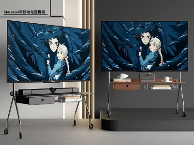 Two Large TVs Displaying Anime Characters On Modern Wheeled Stands With Books And Cups 3d model