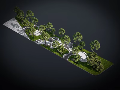 Linear Green Landscape Design With Trees Grass Curved Walkways And Circular Plazas 3d model