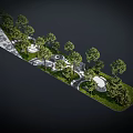Linear Green Landscape Design With Trees Grass Curved Walkways And Circular Plazas
