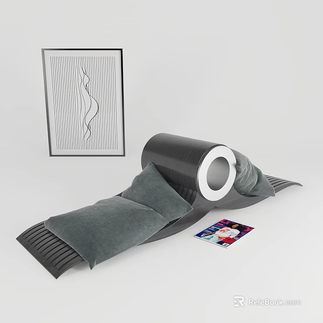 Black Lazy Sofa with Gray Cushions and Magazine Near Decorative Painting 3d model 