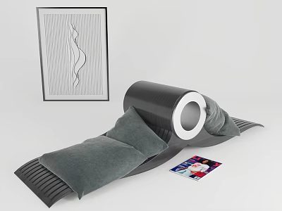 Black Lazy Sofa with Gray Cushions and Magazine Near Decorative Painting 3d model