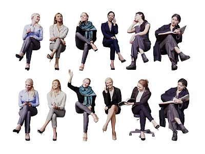 Professional Women in Business Attire Posing in Various Seated and Standing Positions 3d model
