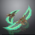 Wing Shaped Glowing Green Bladed Weapon With Golden Decor And Gemstone