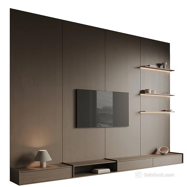 Modern Minimalist TV Wall Design With Wooden Panels Floating Shelves And Ambient Lighting 3d model 