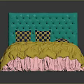 Stylish Bed Furniture With Green Tufted Headboard Yellow Comforter Pink Ruffled Skirt And Checkered Pillows