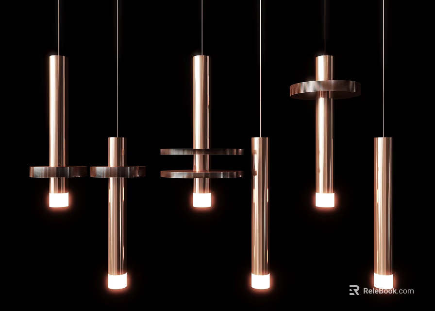 Modern Copper Metallic Pendant Lights With Cylindrical Shapes And Circular Accents Illuminated On Black Background 3d model 
