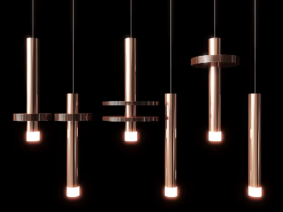 Modern Copper Metallic Pendant Lights With Cylindrical Shapes And Circular Accents Illuminated On Black Background 3d model