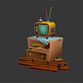 Vintage Yellow Television Placed On Wooden Cabinet With Antennas And Small Decorations