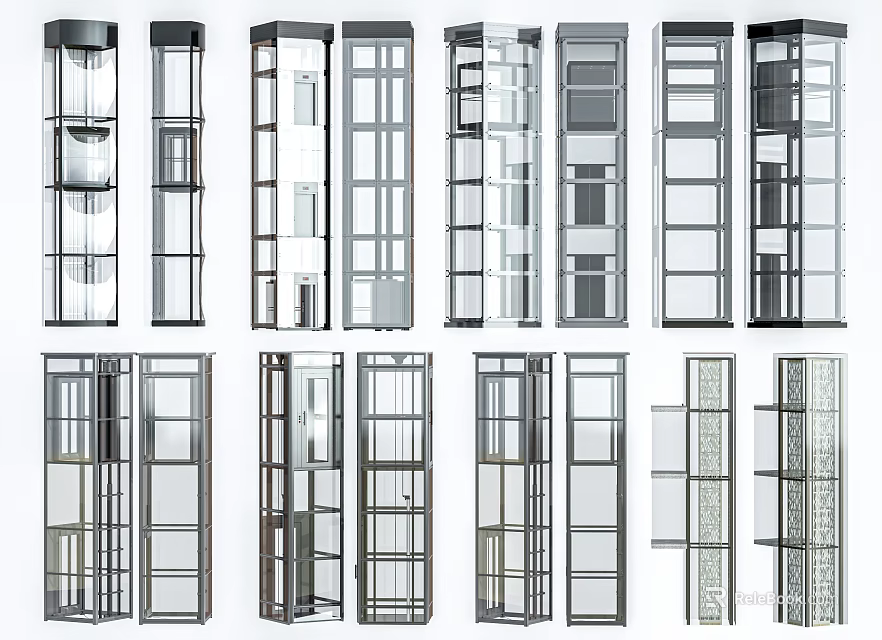 Various Modern Elevator Designs With Glass Doors And Metal Frame Styles 3d model