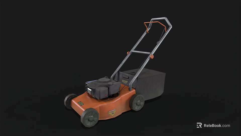 Orange And Gray Agricultural Lawn Mower With Engine Grass Catcher Handle And Wheels 3d model 